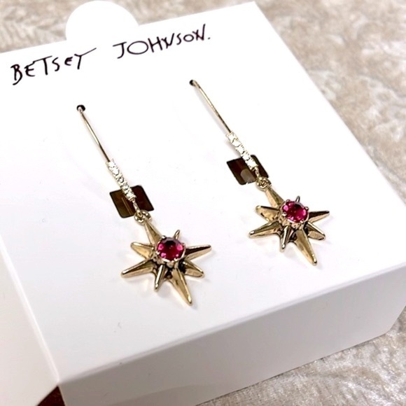 Brand New Betsey Johnson Gold Tone Celestial Star Pink Stone Drop Earrings - Picture 10 of 15